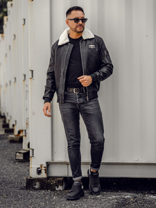 Fekete bőr férfi pilótadzseki Bolf EX837A