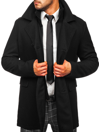 Téli kétsoros férfi kabát levehető állógallérral fekete színben Bolf 8805