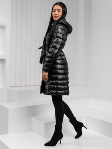 Fekete női hosszú steppelt téli kabát kapucnival Bolf 5M3159A1