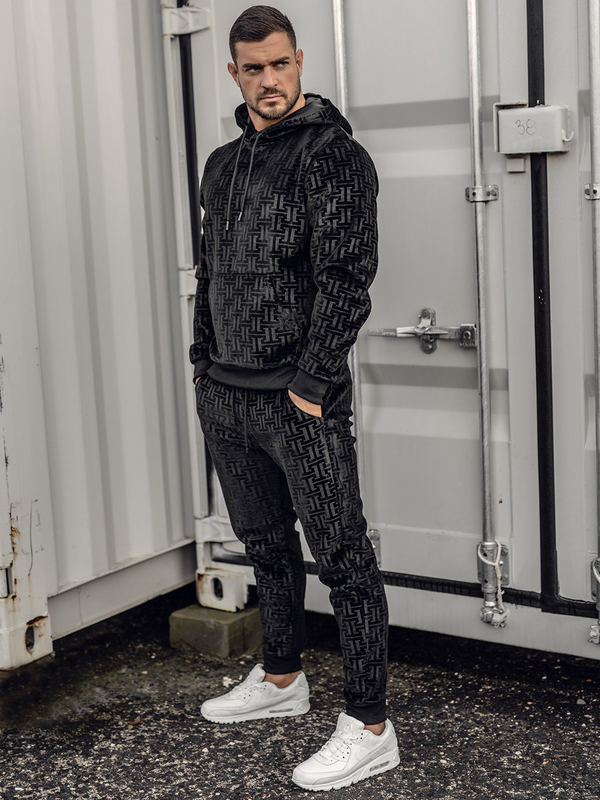 Fekete férfi bársony melegítő kapucnival Bolf 3A81-A