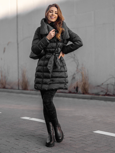Fekete téli női hosszú dzseki kapucnival Bolf J9061
