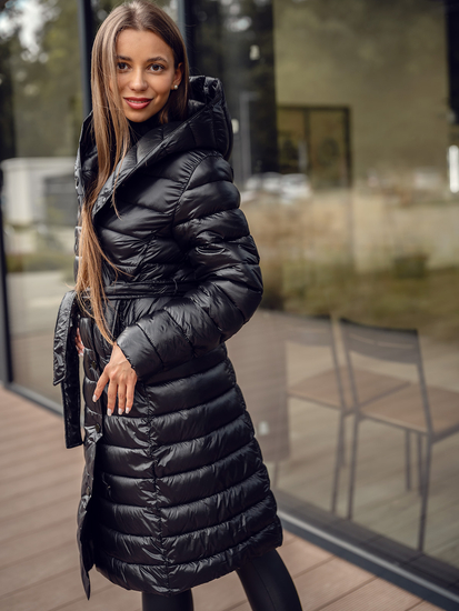 Fekete női hosszú steppelt téli kabát kapucnival Bolf 5M3159