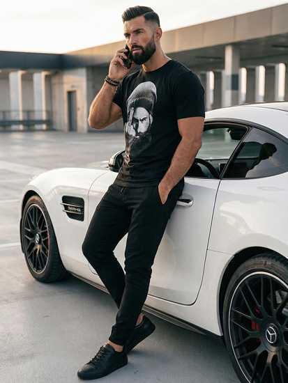 Férfi póló mintával fekete Bolf 142175