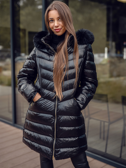 Fekete színű hosszú steppelt téli női kabát kapucnival Bolf 5M3162