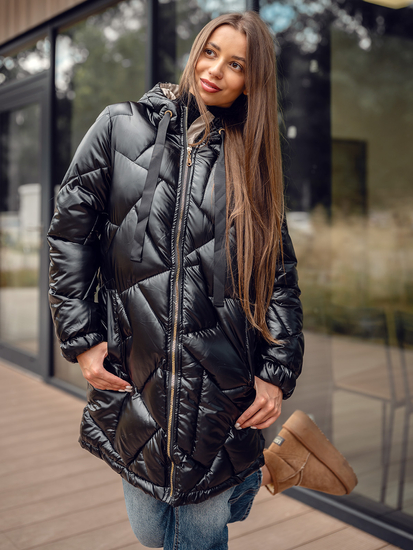 Fekete színű hosszú steppelt téli női kabát kapucnival Bolf 5M3189