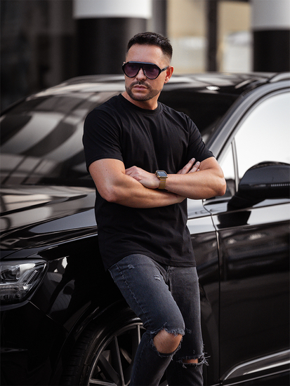 Férfi póló minta nélkül fekete színben Bolf 14291