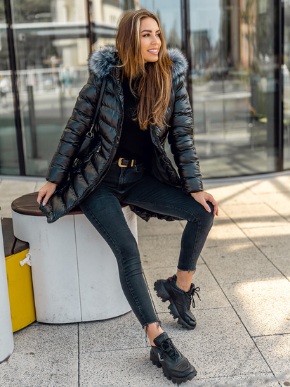 Fekete színű steppelt hosszú női téli dzseki kapucnival Bolf 7076