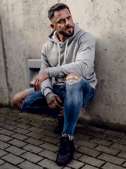 Szürke színű kapucnis kenguruzsebes férfi pulcsi Bolf 2009A