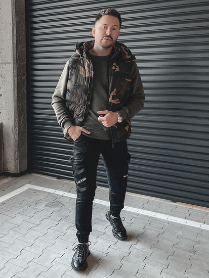 Steppelt terepmintás férfi mellény kapucnival khaki színben Bolf 6876