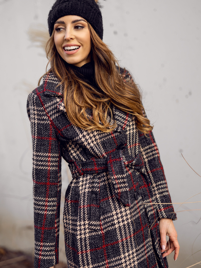 Grafit színű téli női hosszú bélelt kabát övvel Bolf OMDL011