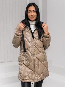 Bézs hosszú steppelt kapucnis női télikabát Bolf 5M3189