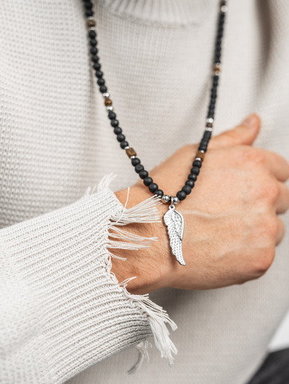 Fekete férfi nyaklánc gyöngyökkel zsinóron medállal Bolf TT5503