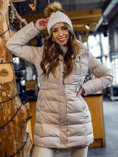 Bézs színű hosszú steppelt téli női kabát kapucnival Bolf 7086A