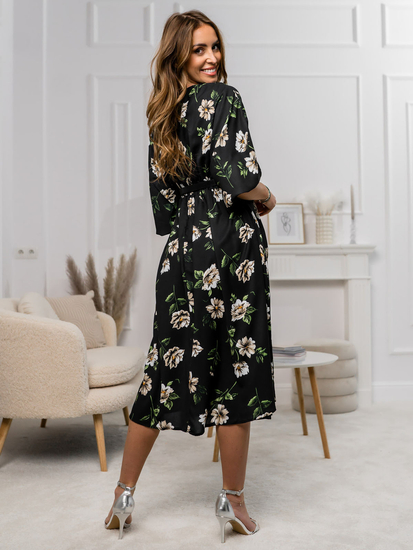 Fekete-bézs színű virágos hosszú női egyrészes ruha Bolf XY202116