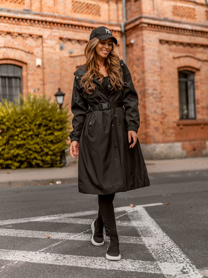 Fekete színű hosszú steppelt átmeneti női kabát kapucnival Bolf AG5019A