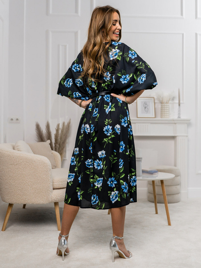 Fekete-kék színű virágos hosszú női egyrészes ruha Bolf XY202116
