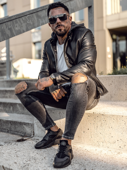 Fekete színű biker típusú férfi bőrdzseki kapucnival Bolf 11Z8012