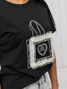 Fekete női póló applikációval Bolf 97T2102