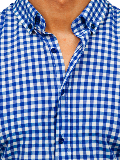 Gránátkék vichy kockás hosszú ujjú férfi ing Bolf 22747