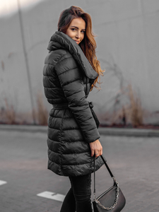 Fekete téli női hosszú dzseki kapucnival Bolf J9061