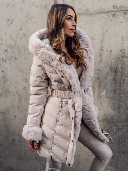 Bézs színű steppelt hosszú téli női kabát kapucnival Bolf 5M3156A