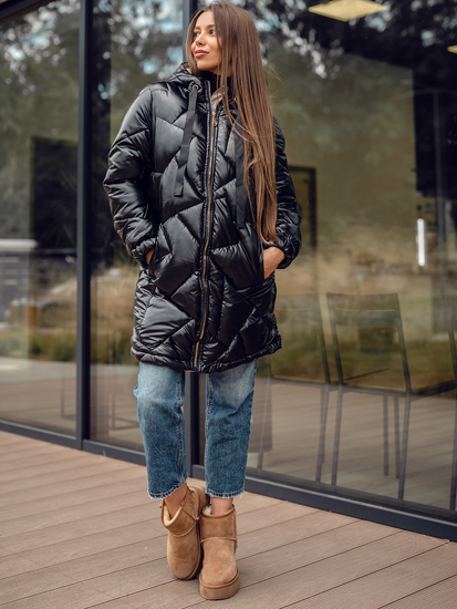 Fekete színű hosszú steppelt téli női kabát kapucnival Bolf 5M3189