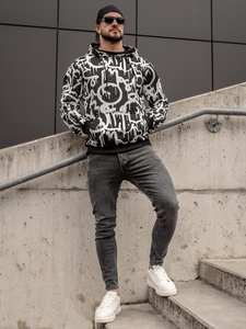 Fekete-fehér színű kapucnis kenguruzsebes férfi melegítőfelső mintával Bolf 8B1152A