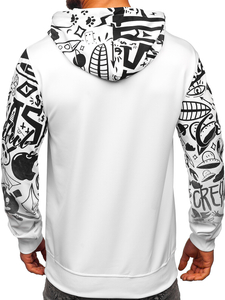 Fehér színű kapucnis kenguruzsebes férfi melegítőfelső mintával Bolf 8B995