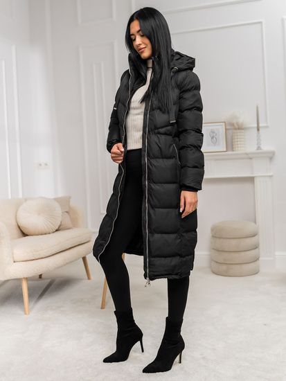 Fekete színű hosszú steppelt téli női kabát kapucnival Bolf 5M736B