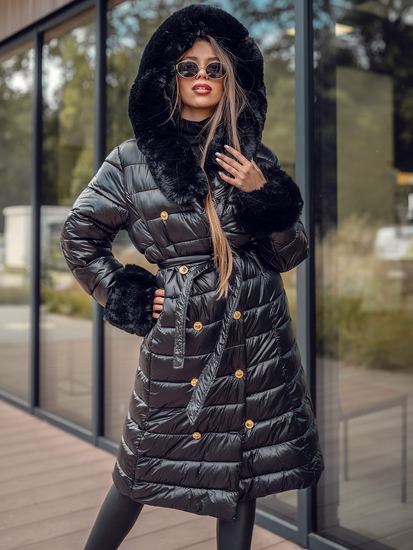 Fekete színű hosszú steppelt téli női kabát kapucnival Bolf 5M3160