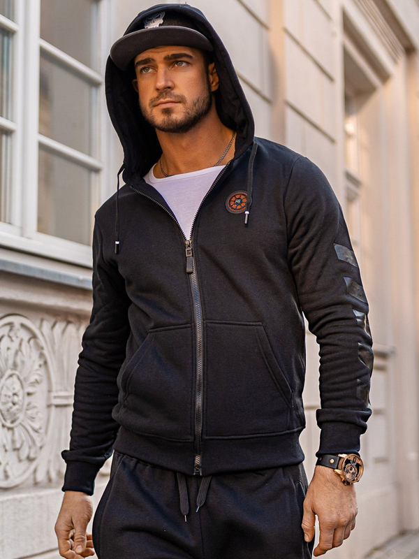 Kapucnis férfi pulcsi mintával fekete színben Bolf 33101