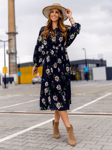 Fekete-bézs színű virágos hosszú női egyrészes ruha Bolf XY202116