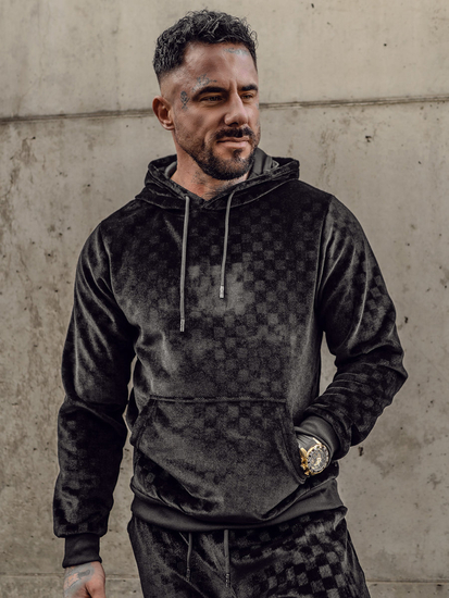 Fekete férfi bársony melegítő kapucnival Bolf 3A82-A