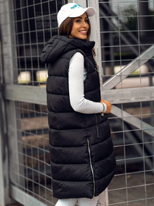 Fekete női hosszú steppelt mellény kapucnival Bolf 81261B