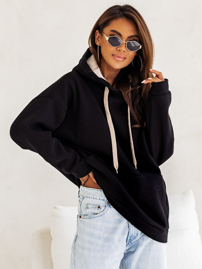 Női kapucnis pulóver szigetelt kanguru fekete Bolf 82131