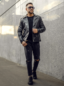 Férfi motoros bőrdzseki fekete színben Bolf 11Z8014