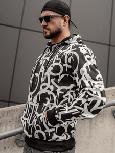 Fekete-fehér színű kapucnis kenguruzsebes férfi melegítőfelső mintával Bolf 8B1152A