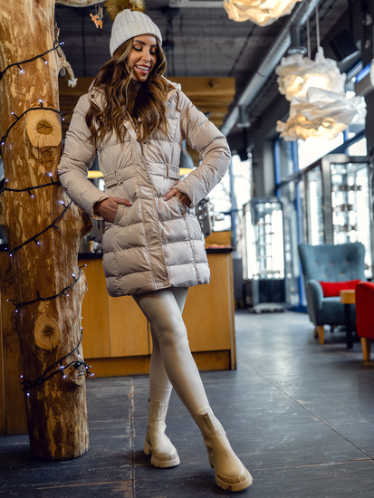 Bézs színű hosszú steppelt téli női kabát kapucnival Bolf 7086A