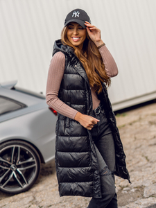 Fekete színű hosszú steppelt női mellény Bolf B8021