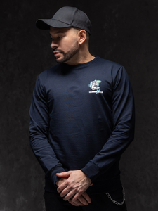 Sötétkék férfi kapucni nélküli pulcsi mintával 8744A1