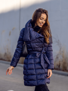 Sötétkék téli női hosszú dzseki kapucnival Bolf J9061