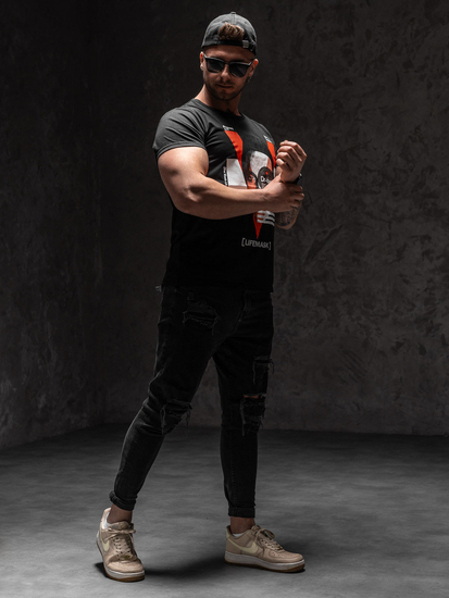 Mintás férfi póló fekete színben Bolf KS2552