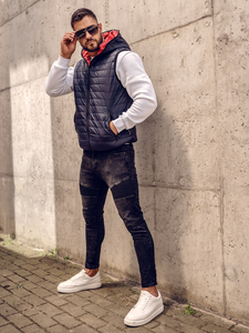 Sötétkék férfi steppelt mellény kapucnival Bolf 7106A