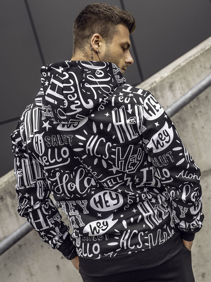 Fekete színű kapucnis kenguruzsebes férfi melegítőfelső mintával Bolf 8B1150