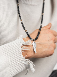 Fekete férfi nyaklánc gyöngyökkel zsinóron medállal Bolf TT5503