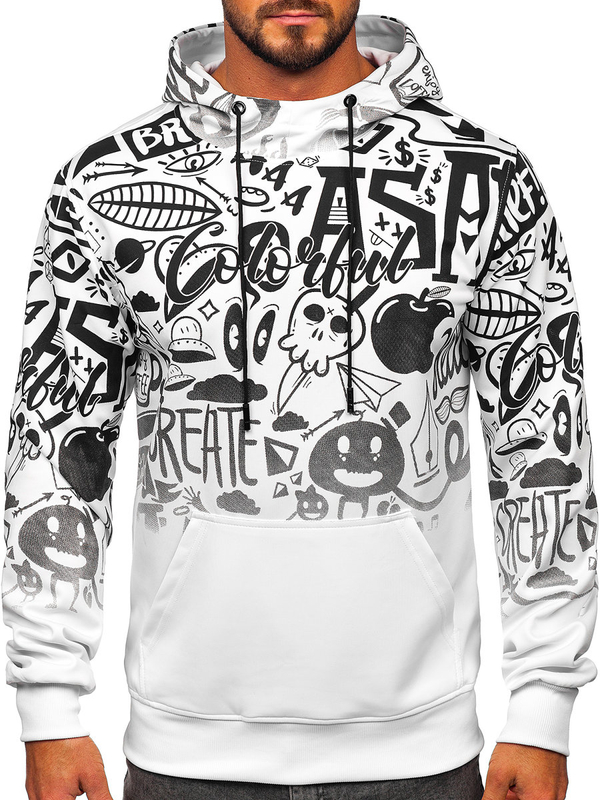 Fehér színű kapucnis kenguruzsebes férfi melegítőfelső mintával Bolf 8B995