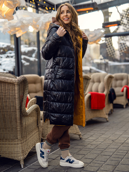 Hosszú steppelt téli női dzseki kapucnival fekete színben Bolf J9063A