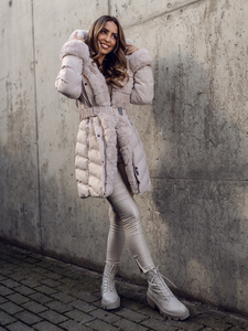 Bézs színű steppelt hosszú téli női kabát kapucnival Bolf 5M3156A