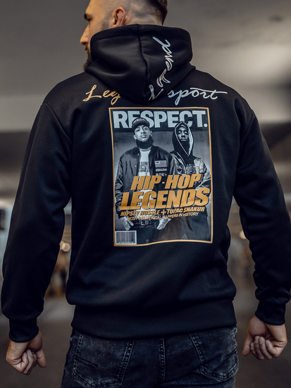 Fekete kapucnis férfi pulóver kenguruzsebbel és mintával Bolf M280