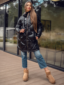 Fekete színű hosszú steppelt téli női kabát kapucnival Bolf 5M3189